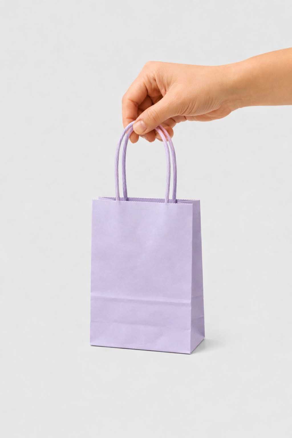 12 Adet Mini Makaron Lila Büküm Saplı Kraft Karton Çanta Hediyelik 15x11x6 cm