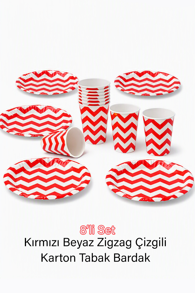 8'li Set Kırmızı Beyaz Karton Tabak Bardak Zigzag Çizgili Desenli
