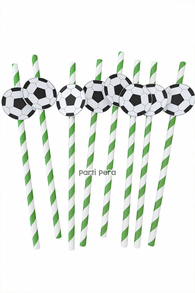 8 Adet Yeşil Beyaz Çizgili Futbol Topu Şekilli Kağıt Pipet