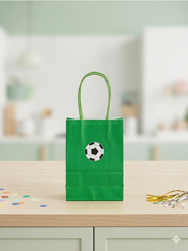 Futbol Topu Temalı Büküm Saplı Mini Kraft Karton Çanta Hediyelik 8'li Paket 15x11x6 cm Yeşil Renk