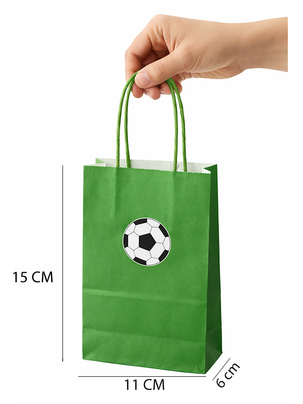 Futbol Topu Temalı Büküm Saplı Mini Kraft Karton Çanta Hediyelik 8'li Paket 15x11x6 cm Yeşil Renk