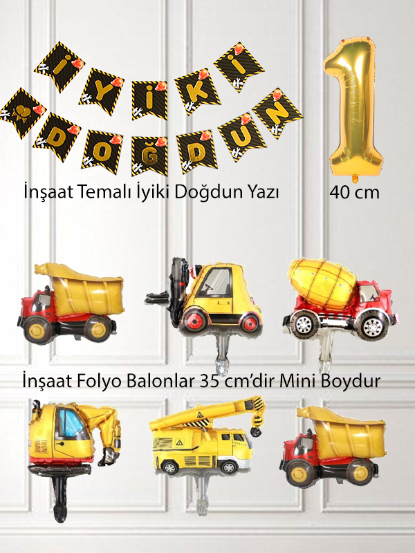 İnşaat Temalı Doğum Günü Balon Seti Inşaat Araçları Folyo Balon Seti