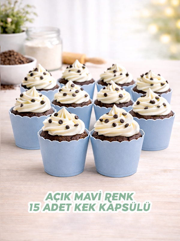 Mavi Renk Cupcake Kek Kapsülü 15 Adet