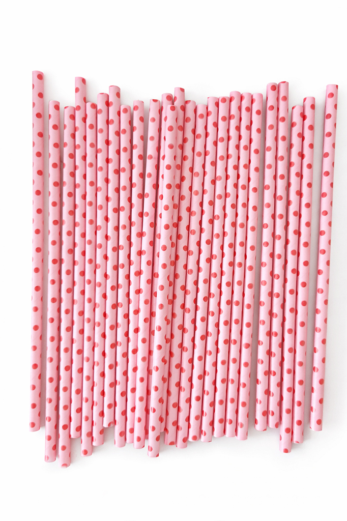 Pembe Kırmızı Puantiyeli Kağıt Pipet 25 Adet