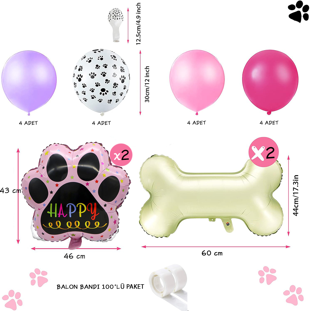 Pet Kedi Köpek Doğum Günü Balon Seti Pembe Pati Folyo Balon Krem Kemik Folyo Balon