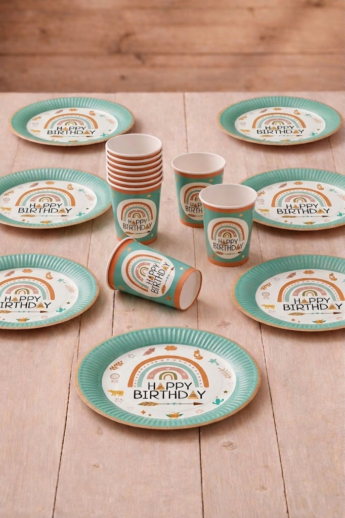Retro Gökkuşağı Temalı Karton Tabak Bardak 8'li