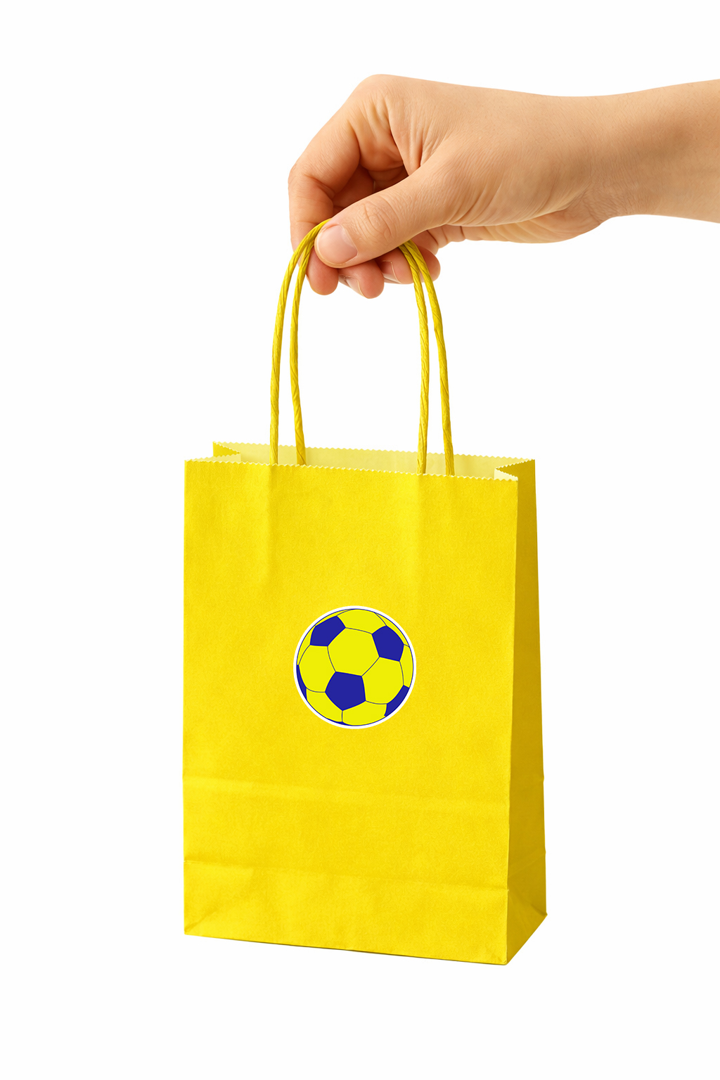 Sarı Lacivert Futbol Topu Temalı Büküm Saplı Mini Kraft Karton Çanta Hediyelik 8'li Paket 15x11x6 cm Sarı Renk