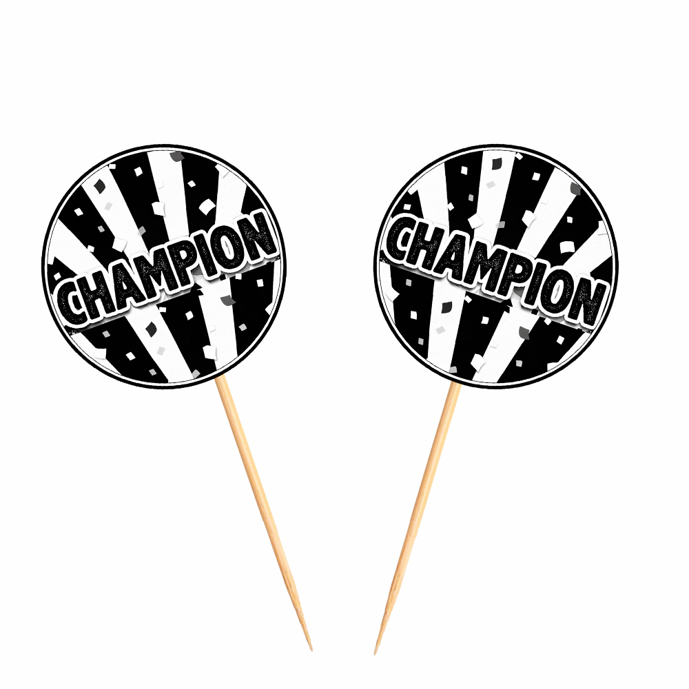Siyah Beyaz Champion Yazılı Cupcake Kürdan Süsü 15 Adet