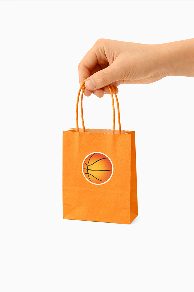 Turuncu Basketbol Topu Temalı Büküm Saplı Mini Kraft Karton Çanta Hediyelik 8'li Paket 15x11x6 cm Turuncu Ren